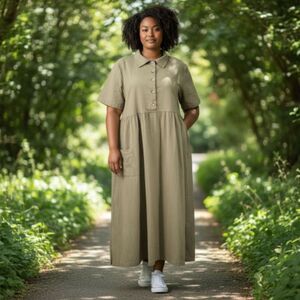 Sunbelt Vintage Cotton Tanish Olive Button Up Maxi Dress Day House Casual